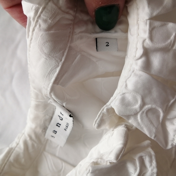 Sandro Jacquard Blouse Double S Logo Pleated Collar Puff Sleeves White 2 Medium - Picture 10 of 16